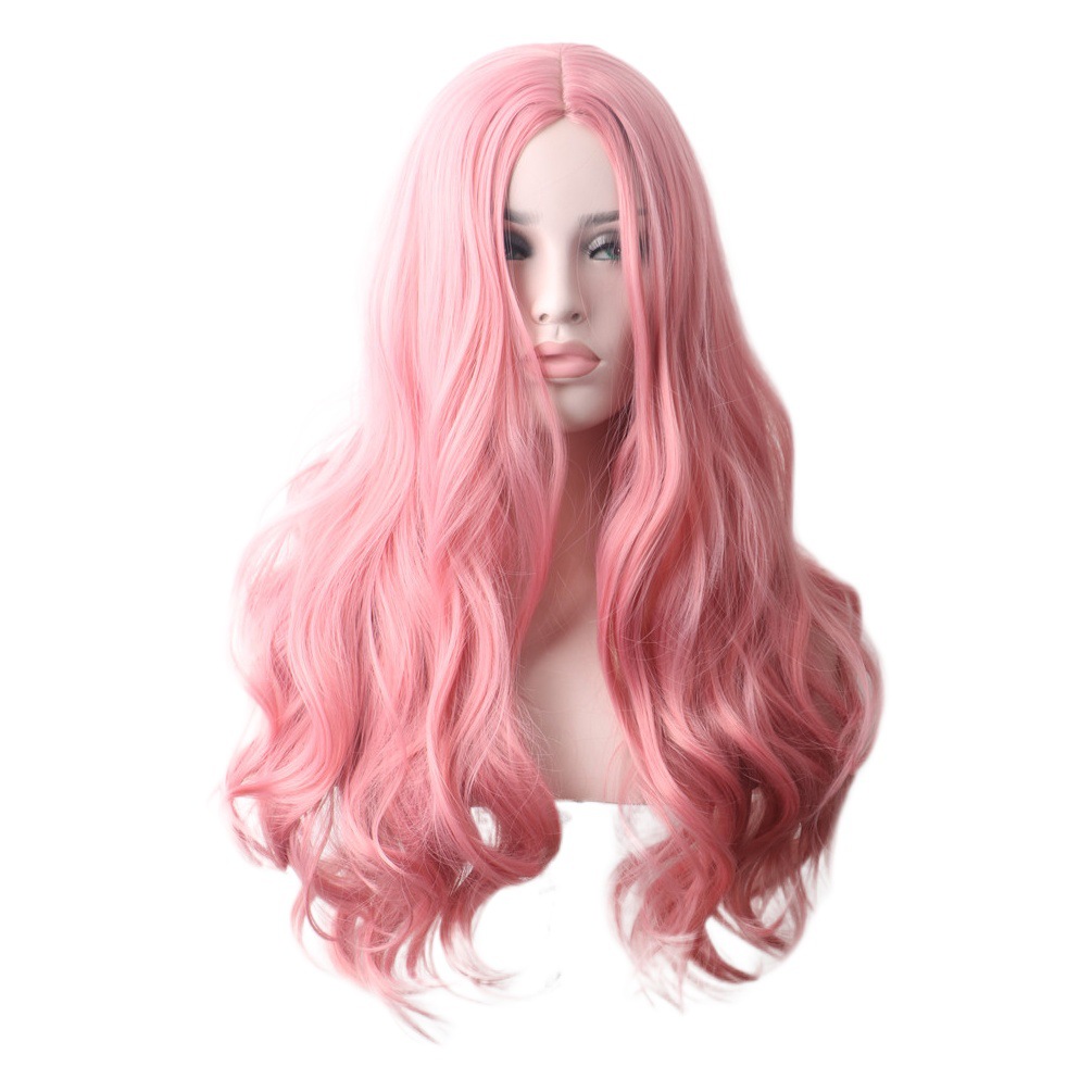 Europeo y americano Rosa peluca mujeres en pelo rizado largo Peluca de alta temperatura Fibra de seda cabeza cubierta fabricantes extranjeros en stock