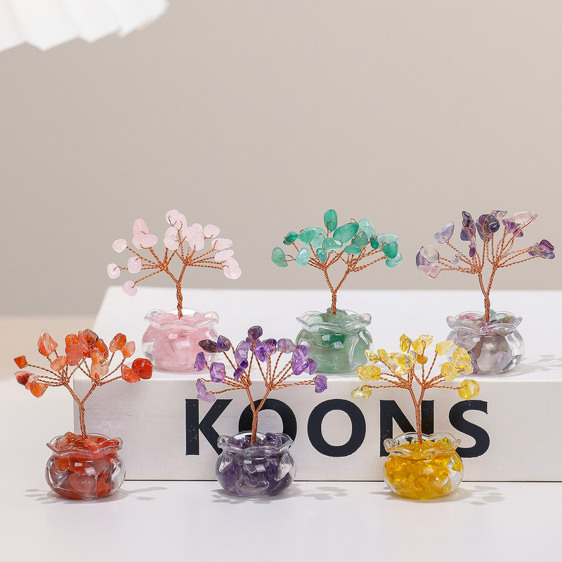 Natural Yellow Purple Pink Crystal Tree Crystal Gravel Money Tree Hand-Woven Home Mini Crystal Decoration Ornaments