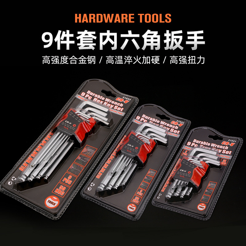 Llave hexagonal de bola de apoyo, chapado mate, bola de bola extra larga hexagonal de 9 piezas, conjunto de hexagonal al por mayor