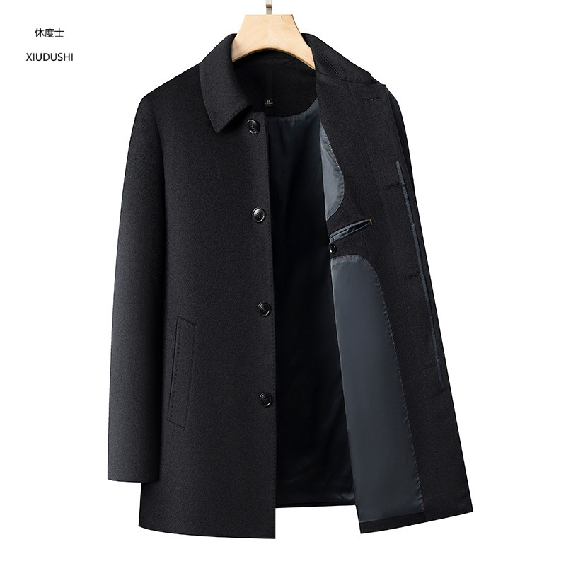 2026 Winter New Style Middle-Aged Men's Lapel Single-Breasted Cashmere Wool Coat, Mid-Length Warm Outerwear Wholesale