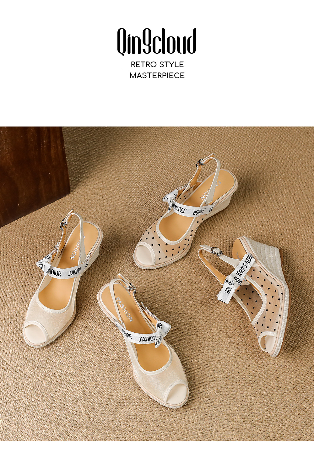 Sandal cao gót nữ hở mũi phong cách nghỉ dưỡng, đế xuồng đan rơm, quai một dây ngang, gót 9 cm — màu trắng ngà, chấm bi be chi tiết 11