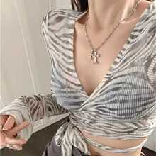 绑带性感交叉打底衫欧美风女装漏脐交叉恤喇叭袖上衣斑马纹