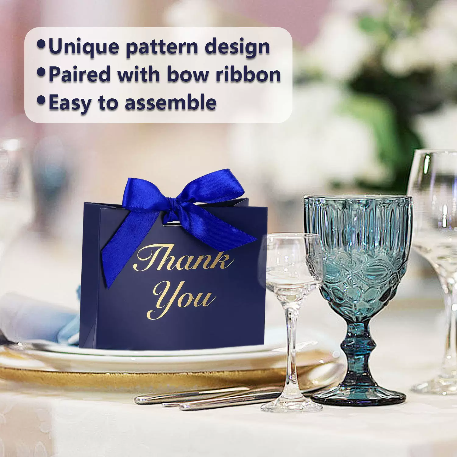 爆款跨境蓝色烫金喜糖盒 丝带蝴蝶结装饰 结婚毕业季创意糖果盒