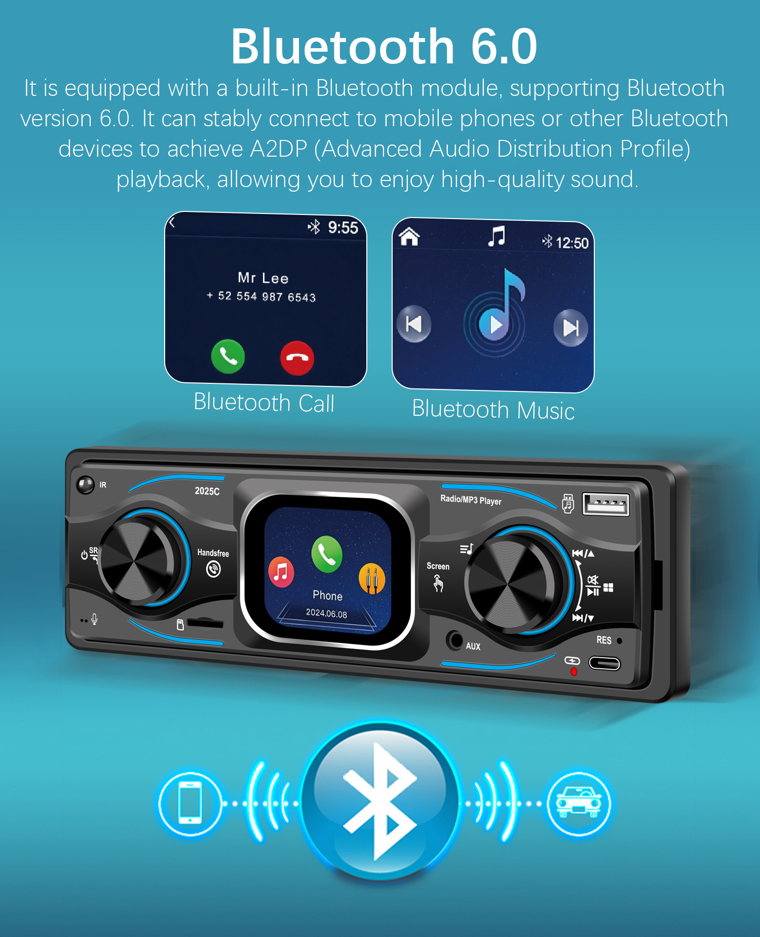 Cross-Border Single-Cylinder Touch Screen with Time Display Car Bluetooth Mp3 Player Car Central Control Radio 2025C