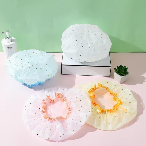 Double-layer Waterproof Hair Hat with Gold Foil Print Polyester PEVA Shower Hat for Women