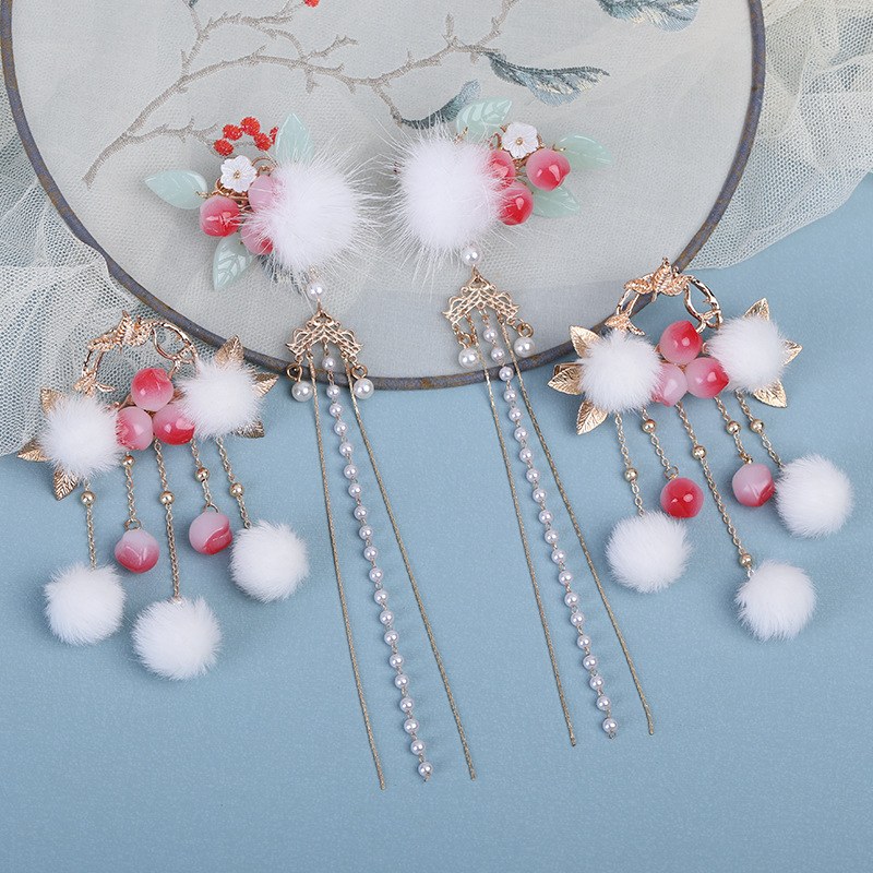 Hanfu Hairpin Cute Peach Pendant Side Clip Antique Side Clip Hair Ball Tassel Headwear Children's Ancient Costume Hair Accessories for Women