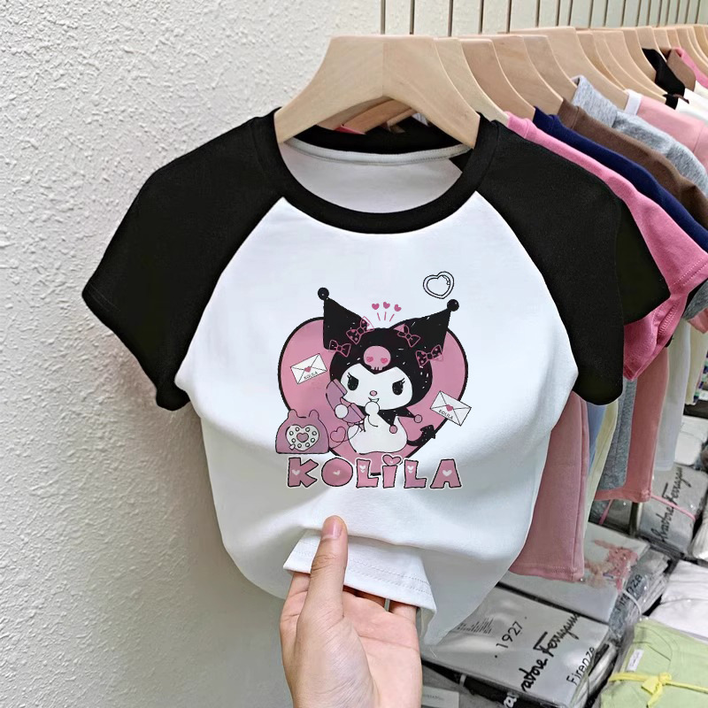 0010-128 # 40-Count Cotton T-Shirt for Girls, Cartoon Top for Older Children, Color-Blocking Base Shirt for Summer