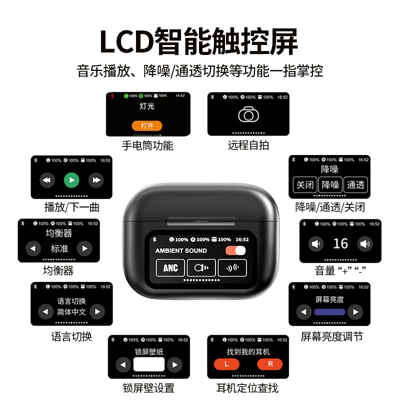 Hot A9Pro de alta calidad con auriculares Bluetooth de quinta generación de Huaqiang Bei ANC reducción de ruido de larga duración auriculares inalámbricos táctiles de pantalla en color