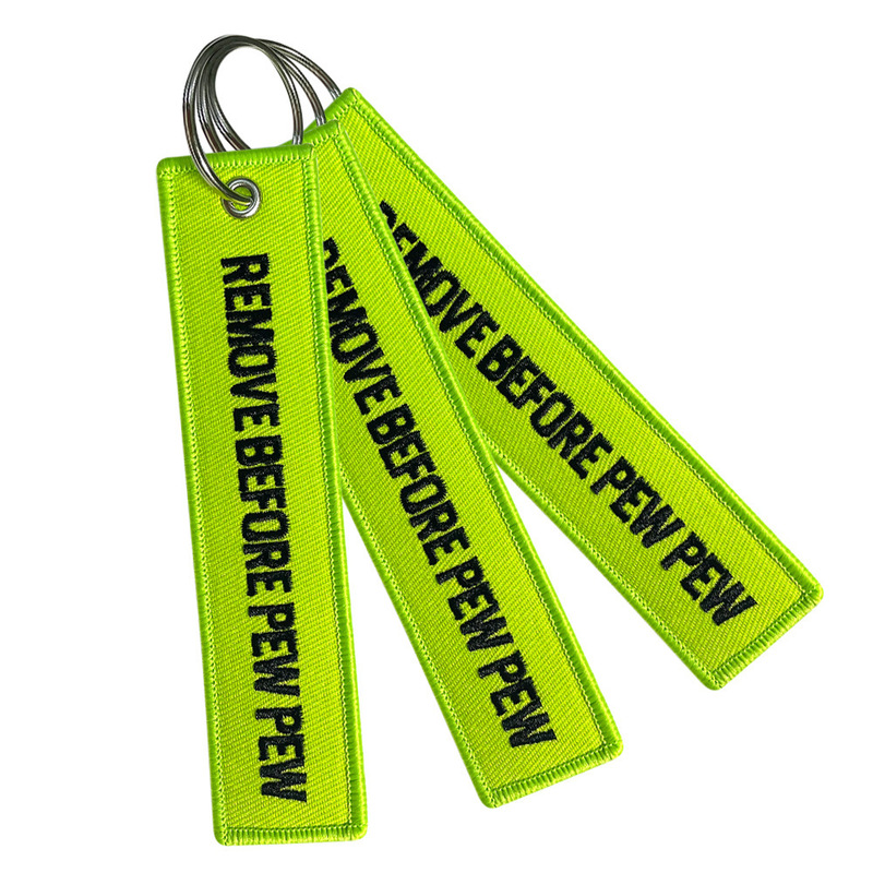 Spot Embroider Green Background Black Text Flight Label Keychain Letters Remove before Pew Pew