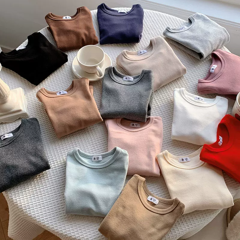 女童加厚打底衫春秋冬季新款儿童圆领打底衣中小童纯色长袖棉上衣