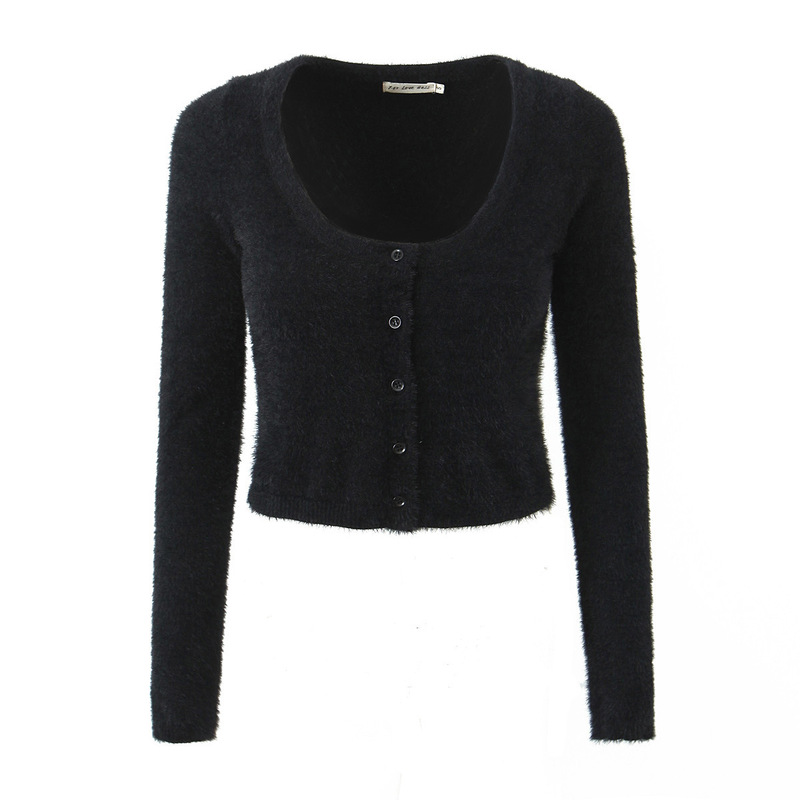 European and American Round Collar Black Soft Fluffy Cardigan Women's Summer New Short Single-breasted Slim-fit Sweater