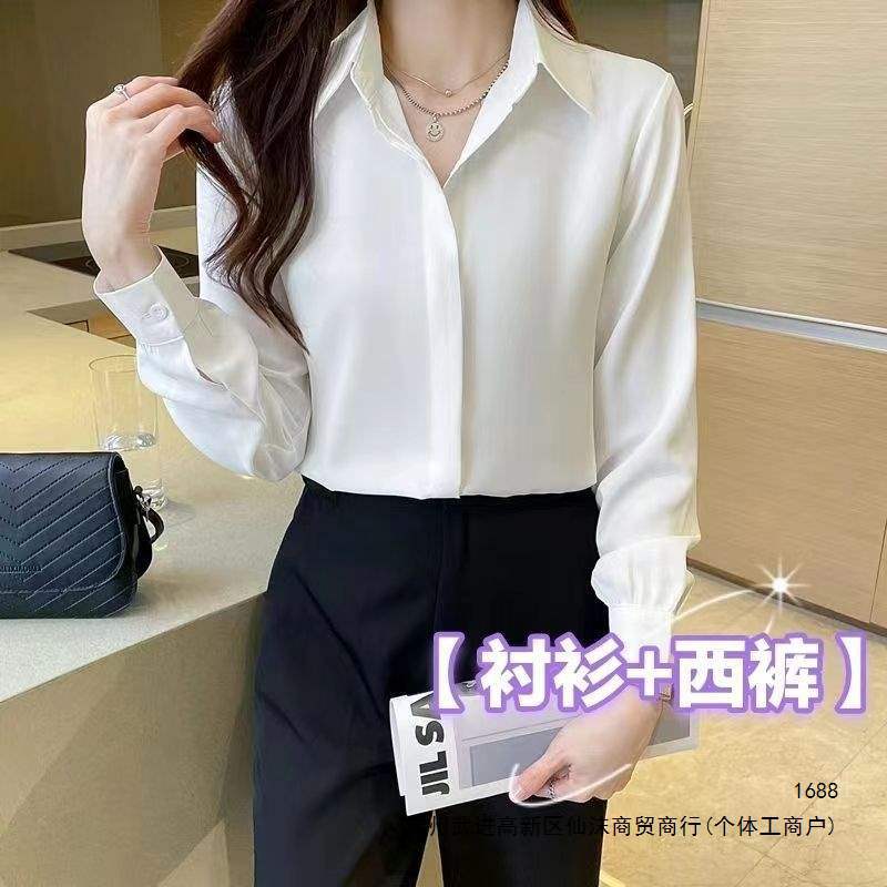 Two-piece spring new style white shirt, professional blouse, long-sleeved chiffon interview formal shirt, work uniform, loose top