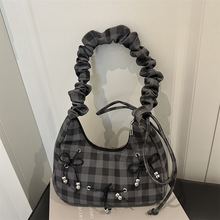 蝴蝶结格子褶皱云朵包女士小清新2025新款单肩腋下包休闲斜挎包