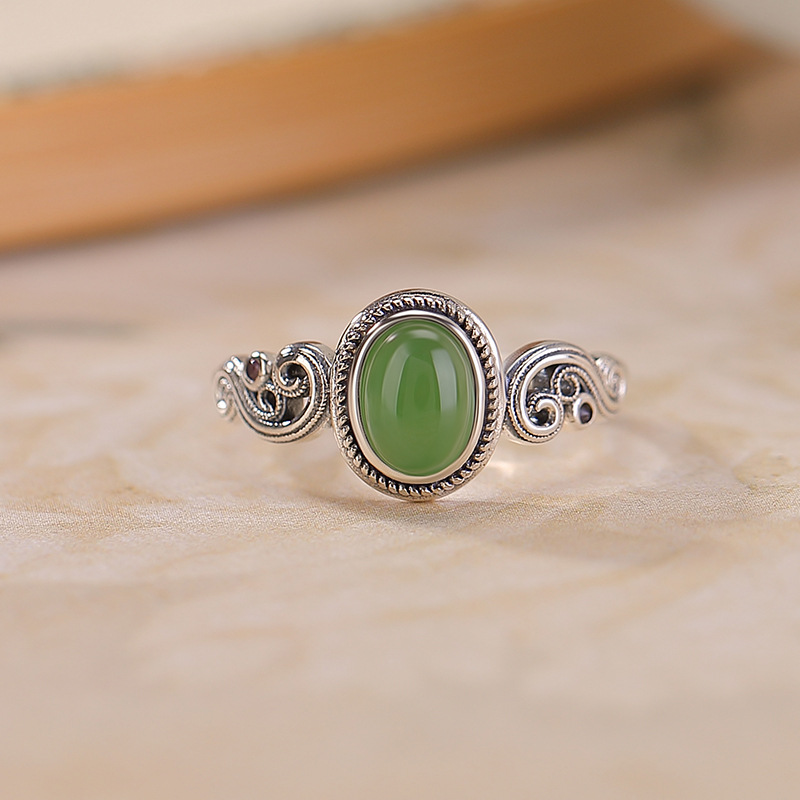 Nhẫn bạc S925 đính ngọc Hetian Jasper cabochon họa tiết đám mây phong cách Trung Hoa vintage — một mảnh