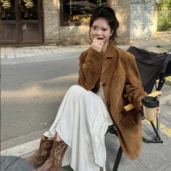 麂皮西装外套女2025早春秋季新款皮衣美拉德棕色感小个子咖色百搭