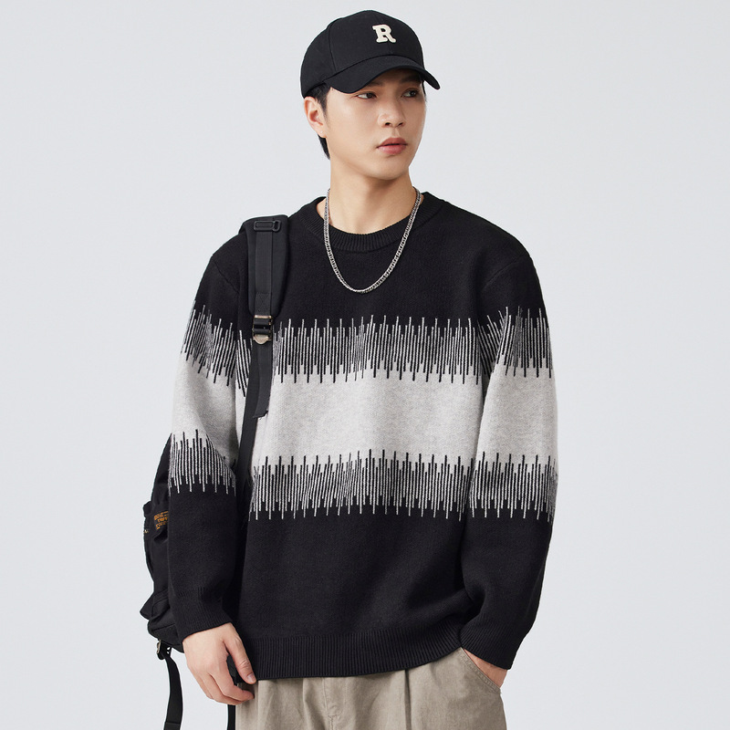 2026 New Black and White Striped Round Neck Knit Sweater for Men, Autumn and Winter High-End Large Size Thickened Warm Base Layer 2026 New Black and White Striped Round Neck Knit Sweater for Men, Autumn and Winter High-End Large Size Thickened Warm Base Layer