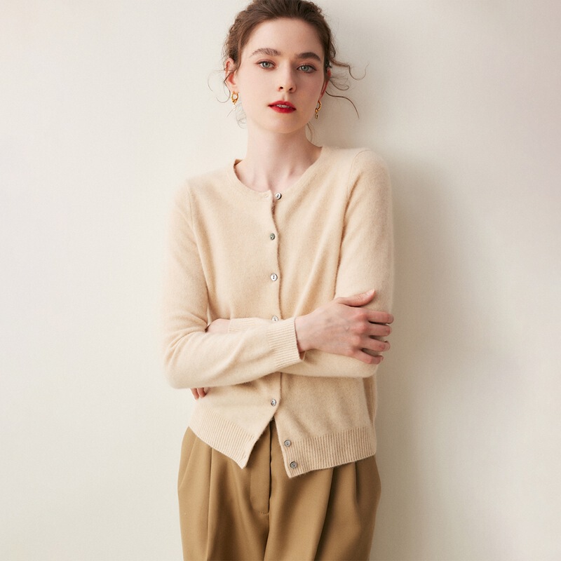 New Solid Color Versatile Cashmere Round Neck Cardigan Korean Style Wool Elegant Loose Simple Sweater Jacket