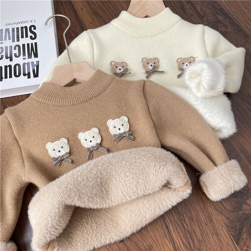 Children's Autumn/Winter One-Piece Fleece Sweater for Boys and Girls, Winter Fleece Lining Base Shirt for Kids, Baby Thicker Knit Topwear, Trendy