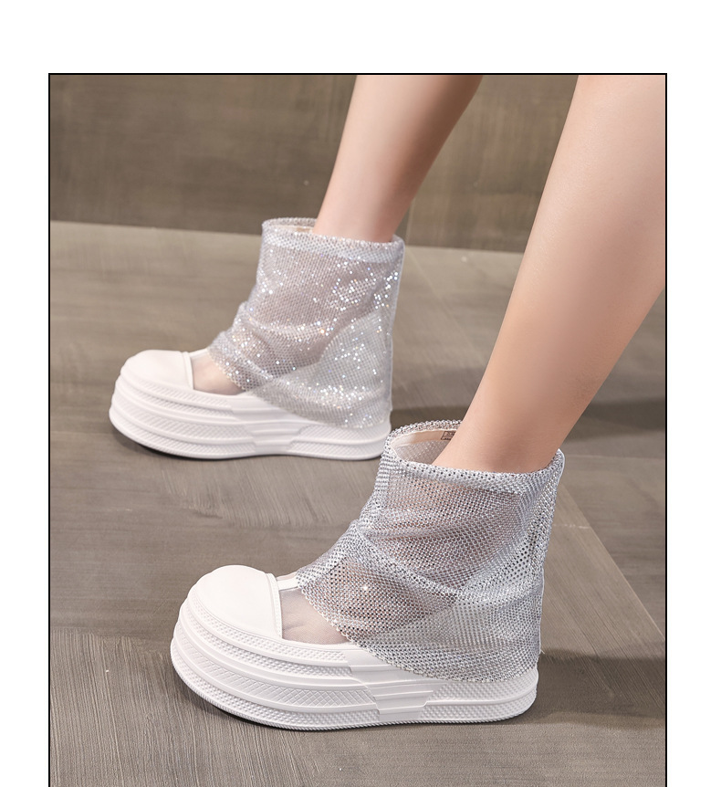 Boot cổ thấp nữ đế dày tăng chiều cao, lưới thoáng khí đính đá rhinestone — màu đen, màu trắng chi tiết 11