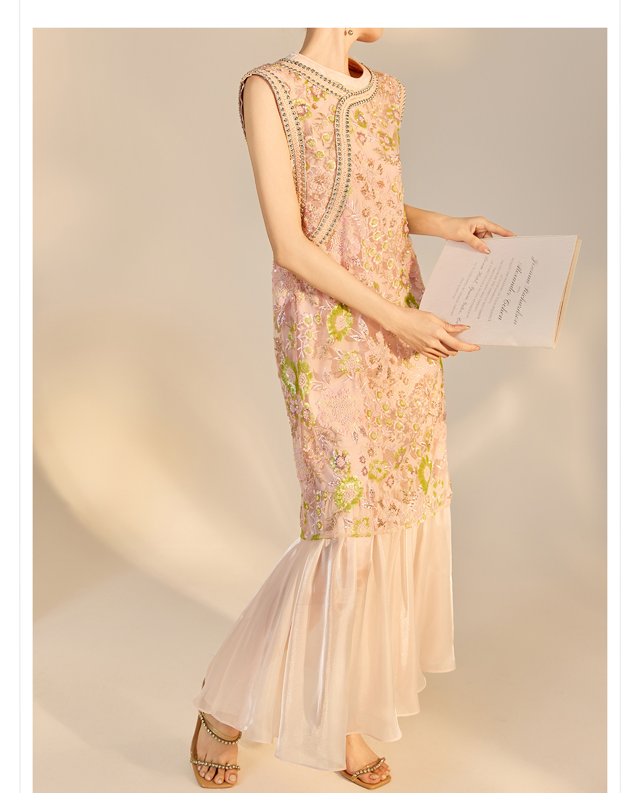 Váy sườn xám maxi thêu sequin phong cách Trung Quốc mới mùa hè N5042 — hồng, Xanh lam sông băng chi tiết 31