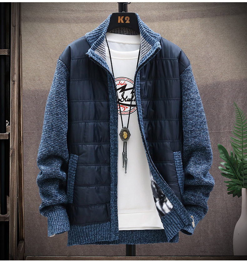 Men's Velvet Patchwork Cardigan Stand-up Collar Jacket Slim Fit_voghion.com
