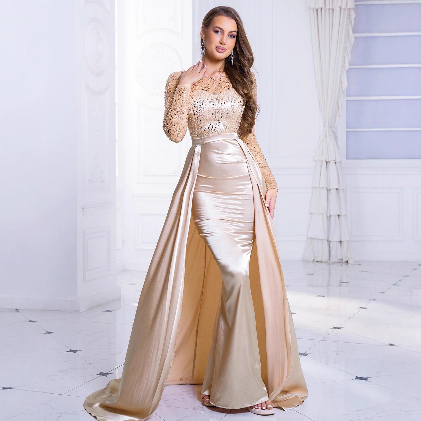 New Lace Long-Sleeved Fishtail Skirt Cross-Border Aliexpress Ball High-End Dress Skirt Bride Photo Light Wedding Dress Long Skirt