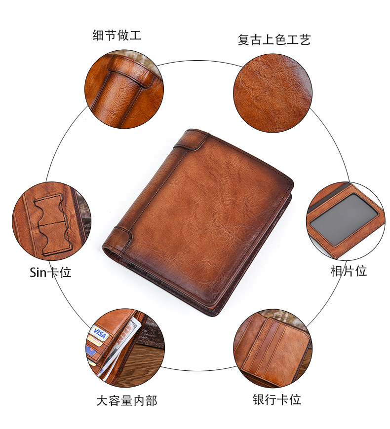 Ví nam gập mini da bò thủ công cổ điển — Màu nâu cổ điển, Cà phê cổ điển chi tiết 6