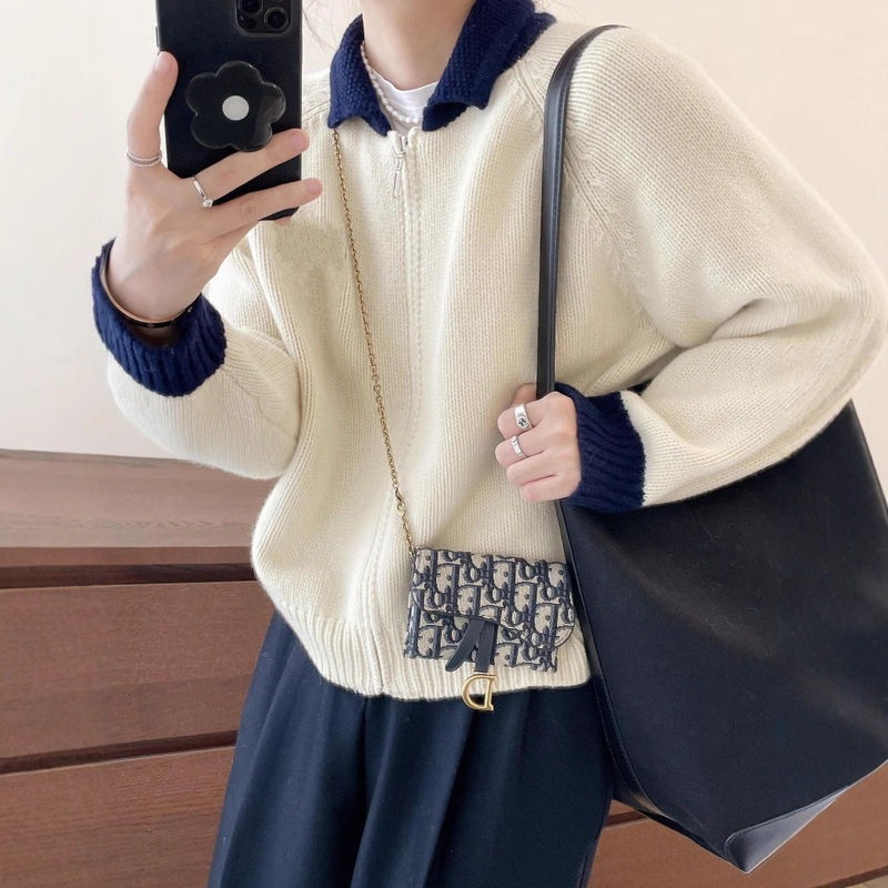 2025秋冬新款100羊毛针织开衫女拼色翻领拉链毛衣外套宽松上衣|undefined