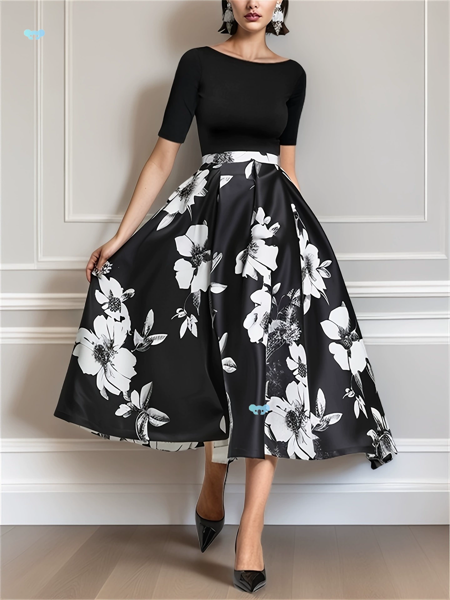 Платье для матери невесты и жениха Черное атласное контрастное платье с цветочным принтом