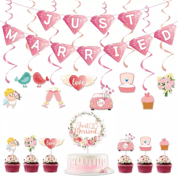 Alegría decoración del banquete de boda recién casado tire bandera pastel insertar Día San Valentín espiral colgante