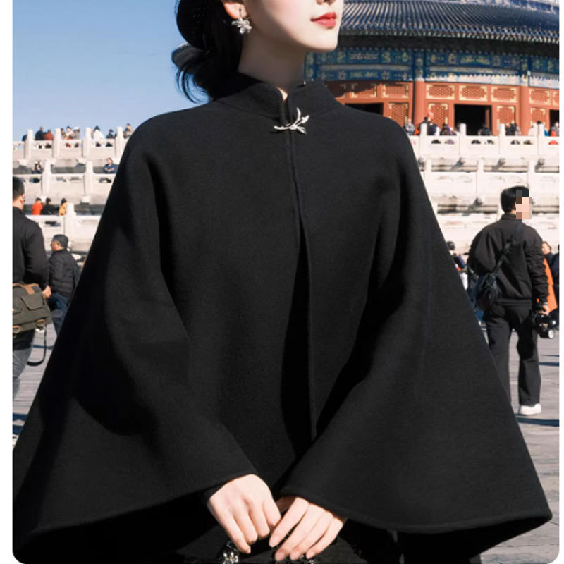 Black New Chinese-Style Cape Double-Sided Woolen Coat for Women, 2025 Autumn and Winter New Luxury National Style Woolen Overcoat
