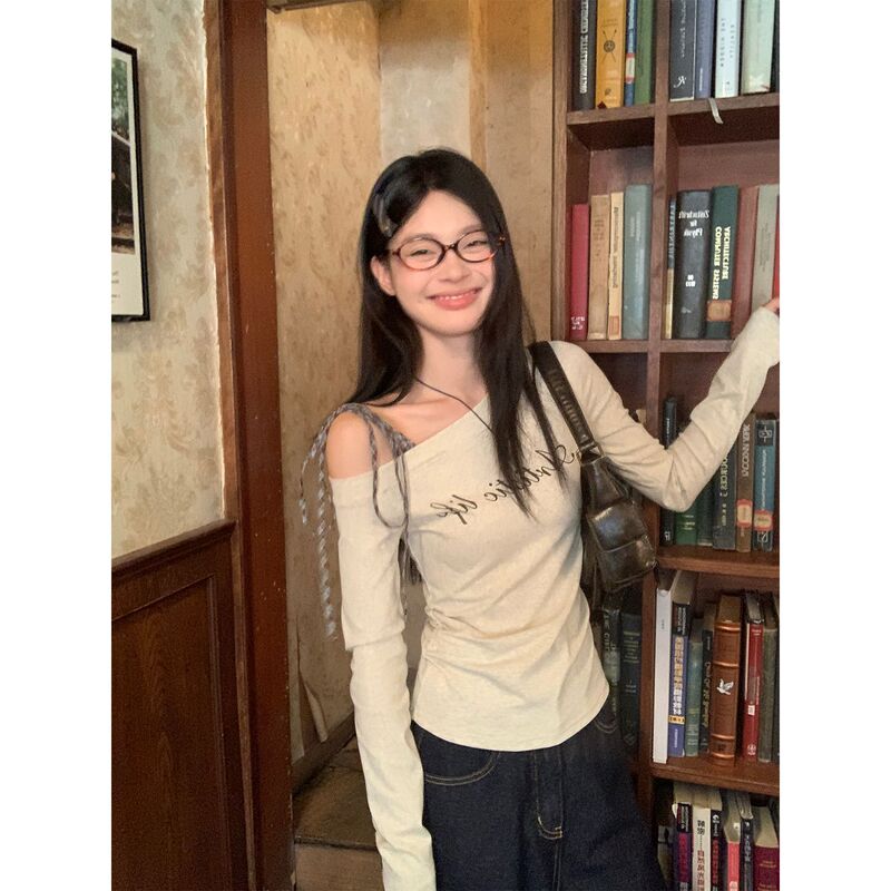韩系花灰斜肩格子绑带内搭t恤女春秋字母印花新款修身长袖上衣ins|undefined