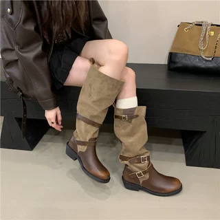复古做旧皮带扣骑士靴女2026秋冬新款粗跟擦色高筒靴不过膝长筒靴
