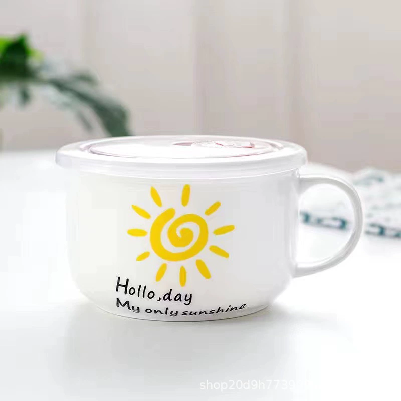 Microwave ceramic noodle bowl with lid and handle, 5.25″ and 6″, cute printed designs