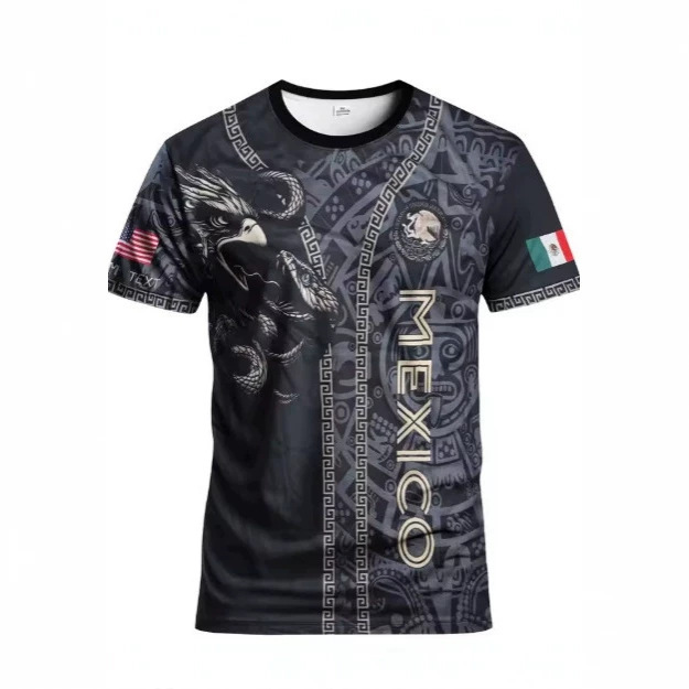 Men's Oversized Mexican Aztec Mayan Calendar Eagle Pattern Printed Short-Sleeved T-Shirt Casual Street Style