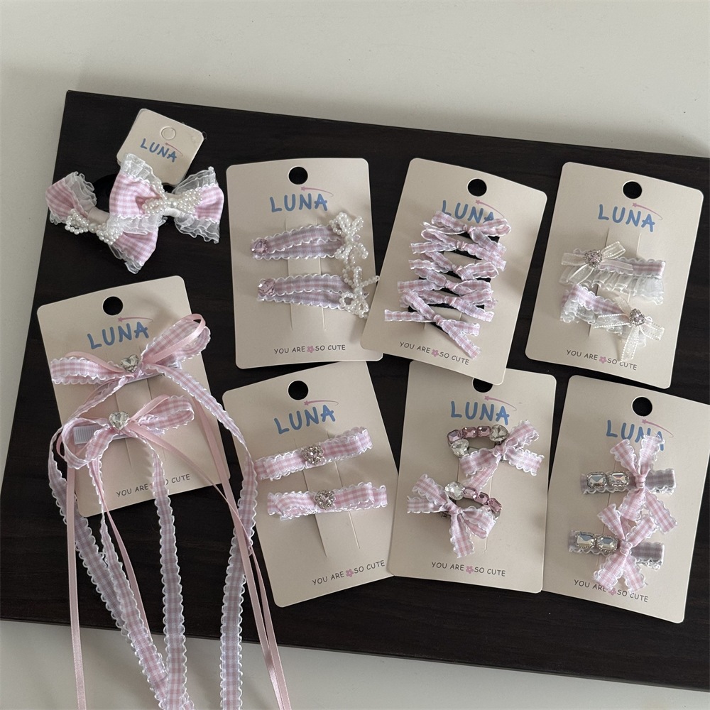 Sweet girl rosa cuadriculado arco de diamante clips para el cabello de los niños clip lateral para el cabello BB clip de mar anillo para el cabello