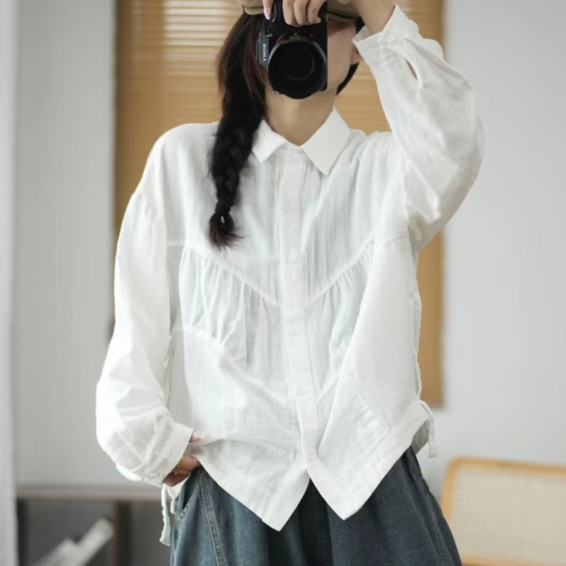 春秋新款文艺长袖衬衫女士双层棉纱纯色褶皱衬衣单排扣打底衫|undefined