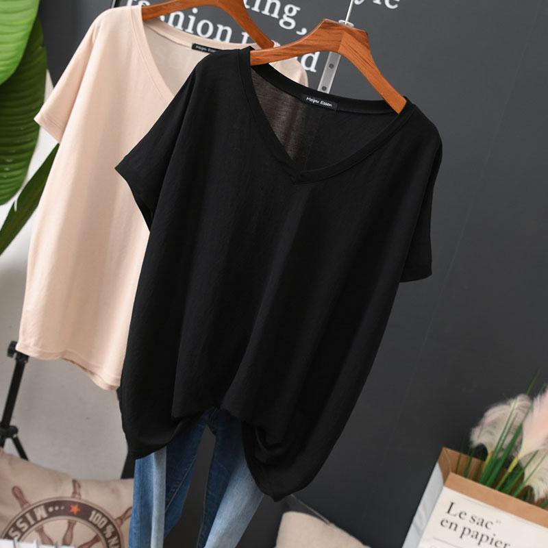 Summer New Fat mm 1.0-150kg Extra Large Size Loose Thin V Neck Short-Sleeved Women's T-Shirt Ice Silk Versatile Top Trendy Summer New Fat mm 1.0-150kg Extra Large Size Loose Thin V Neck Short-Sleeved Women's T-Shirt Ice Silk Versatile Top Trendy