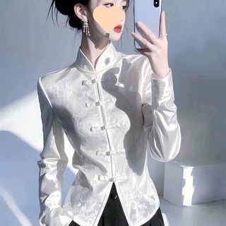 风感白色缎面提花立领长袖衬衫女春独别致盘扣新中式上衣印花