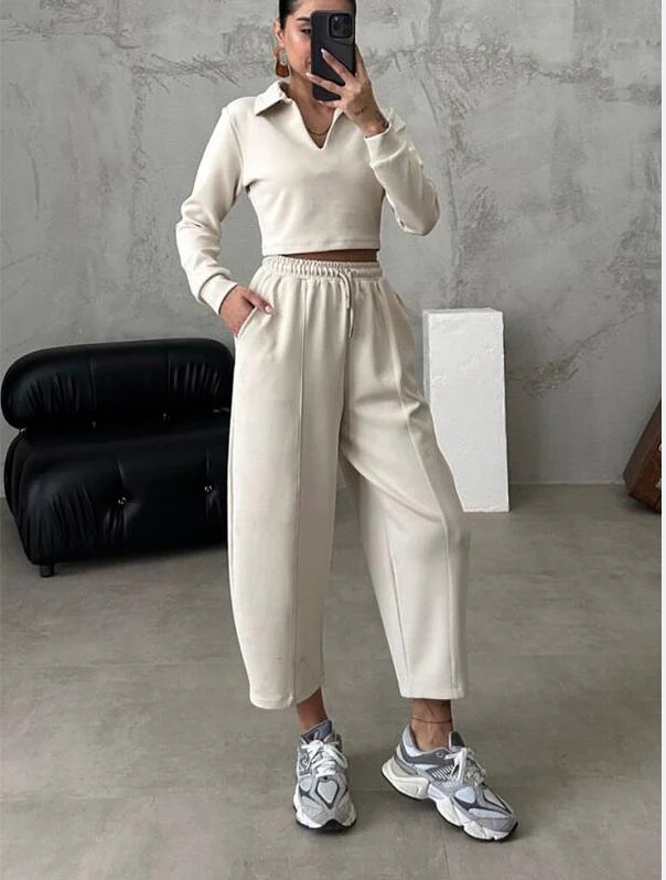 Damenbekleidung Herbst und Winter Freizeit Langarm V-Ausschnitt Sport Leggings Zweiteiliger Anzug_voghion.com