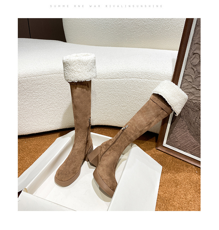 New high, long, heavy-soled lamb fleece boots with chunky heels_voghion.com