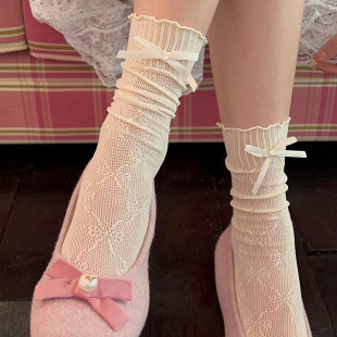 White Lace Silk Stockings Women's Summer Thin Bow Stacking Stockings Ballet Stocking with Mary Jane