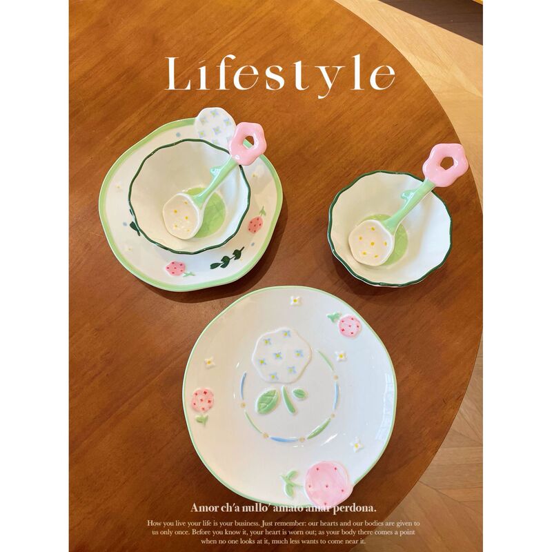 Fruit Cartoon Cute Tableware Bowl, Plate, and Spoon Set for One Person, High-Value Ceramic Tableware for Home Use