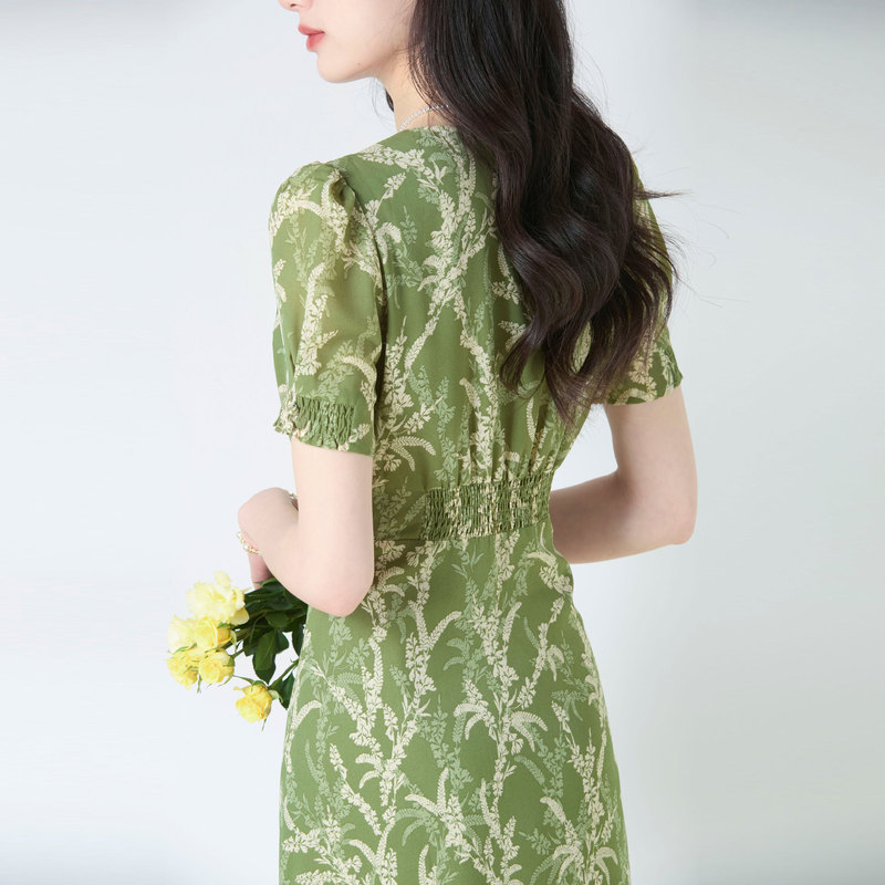 Shenghong Customized Summer Avocado Green Chiffon Printed Tea Break Dress V Neck Elegant Elegant Waist Slimming Look Dress