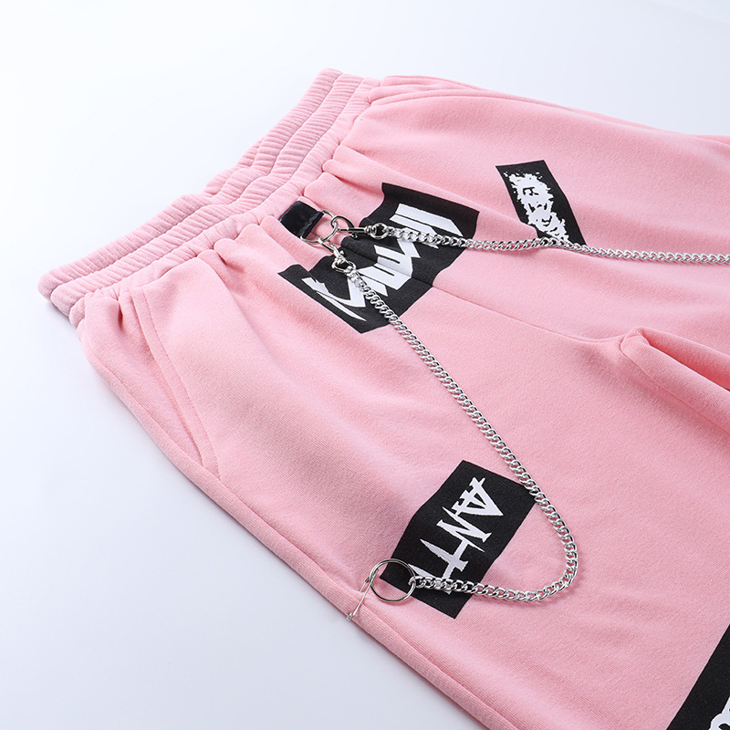 High Waist Letter Print Chain Decorated Sweatpants NSGYB97803