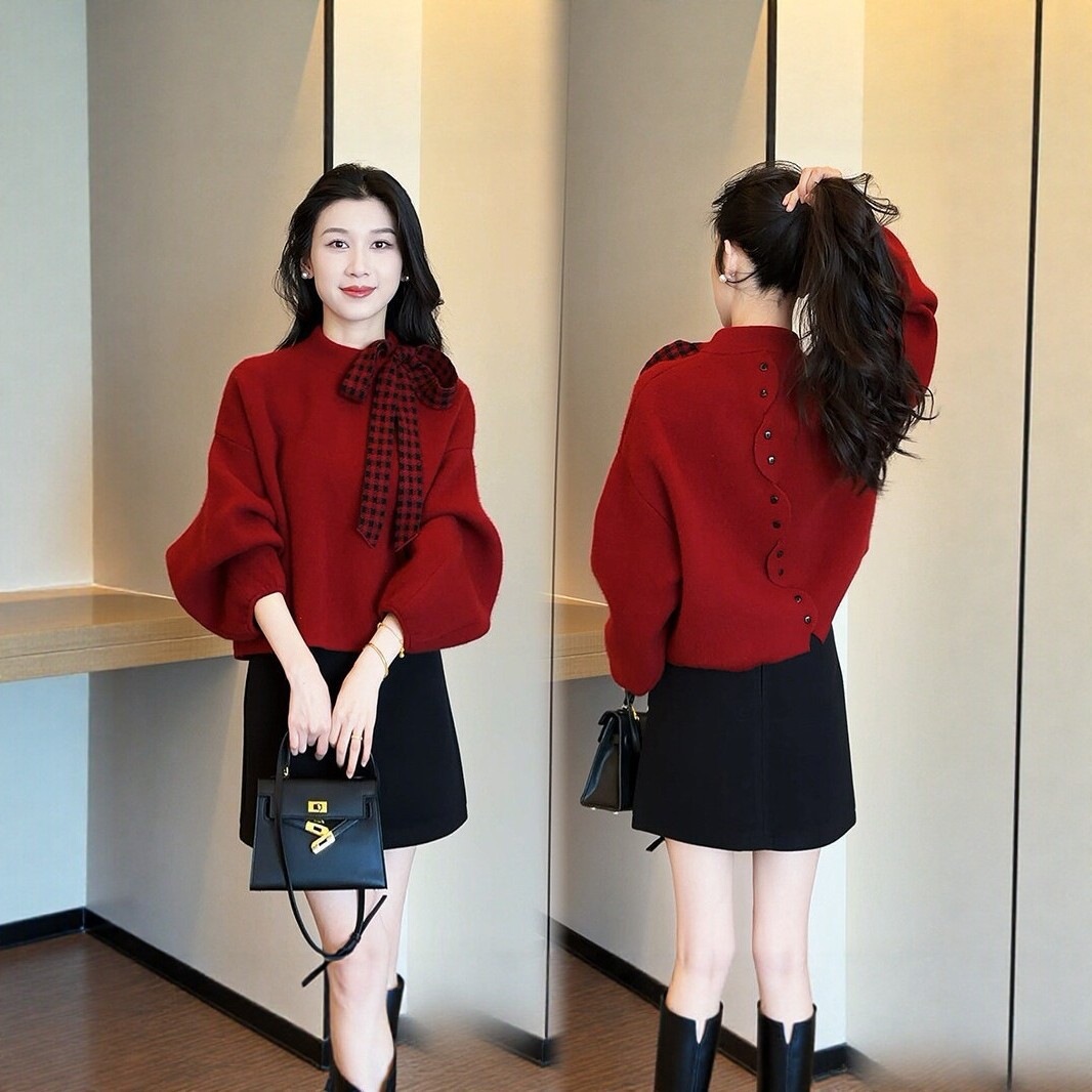 Women's Red Ribbon Sweater, 2026 Autumn New Style, High-End Single-Breasted Back, Relaxed Loose Knit Top