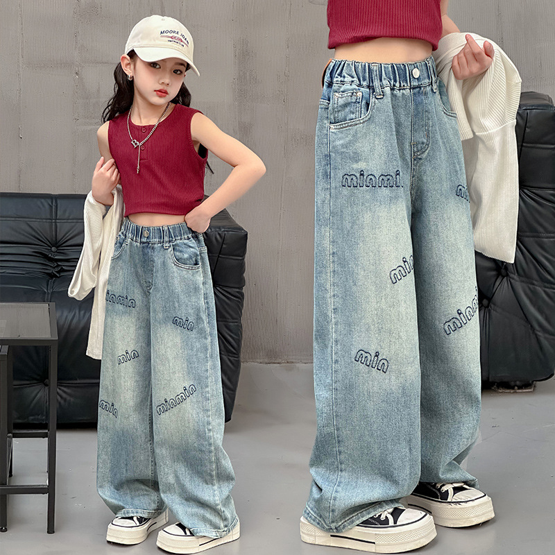 Girls' Spring Straight Leg Jeans 2024 New Children's Stylish Girl Fashion Spring Outfit Korean Version Junior Wide Leg Pants