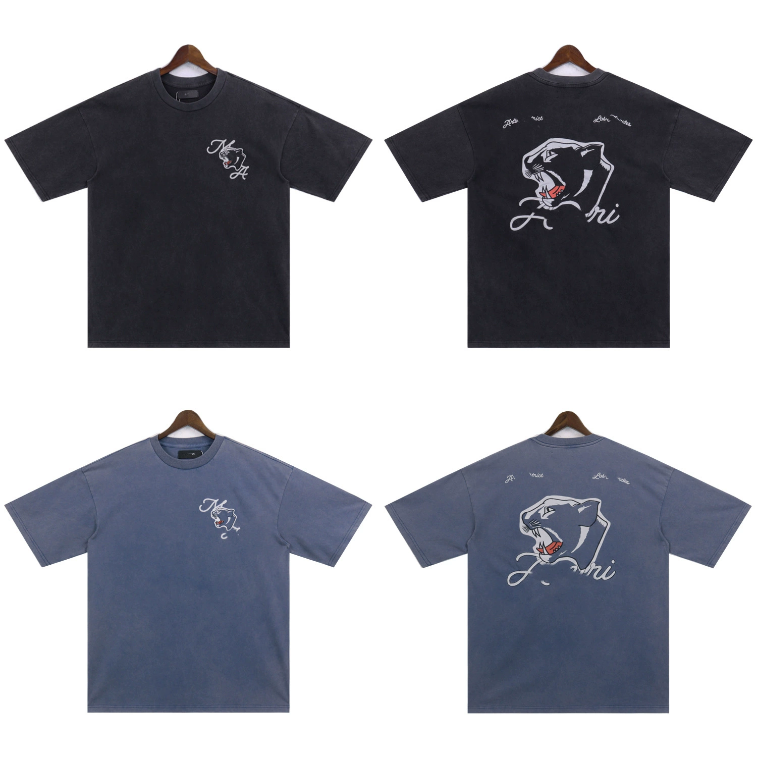 Летняя новая стирка AMIRI старая футболка леопардовая голова вышивка ремесла круглый воротник свободный мужской прилив случайный короткий рукав