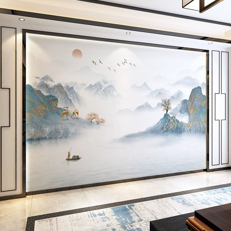 3d山水电视背景墙2024新款壁纸新中式客厅沙发壁画8d影视墙纸墙布