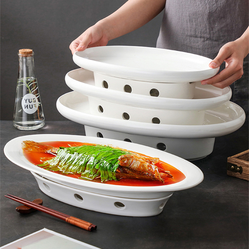5ZV7批發新款魚盤家用蒸魚盤子蠟燭加熱保溫酒店餐具陶瓷剁椒魚頭